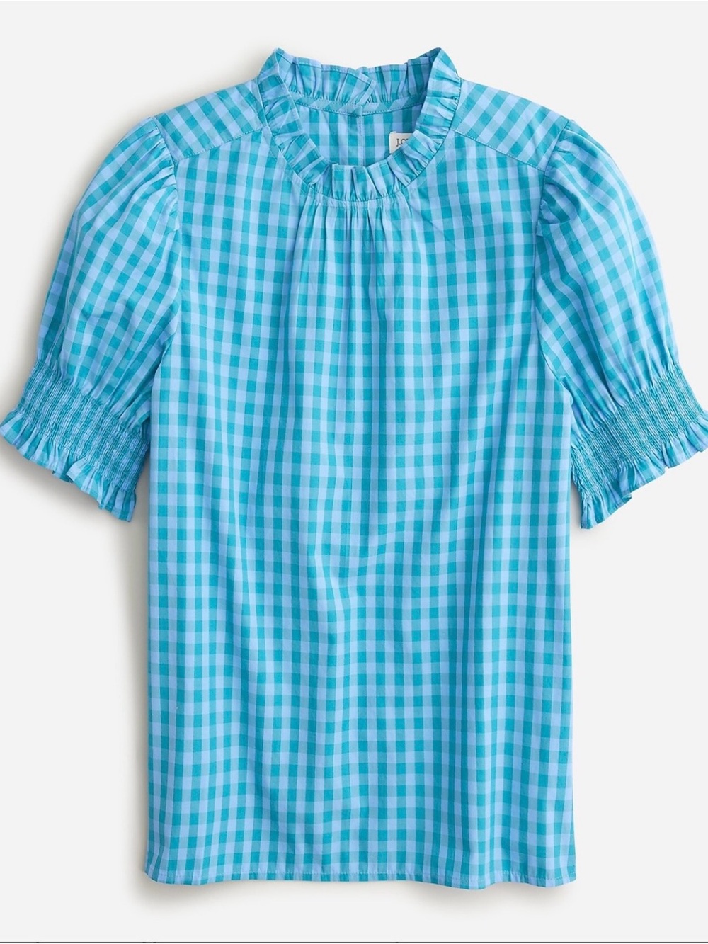 J Crew Gingham Smocked Cotton Poplin Puff Sleeve Popover Top Blue Green